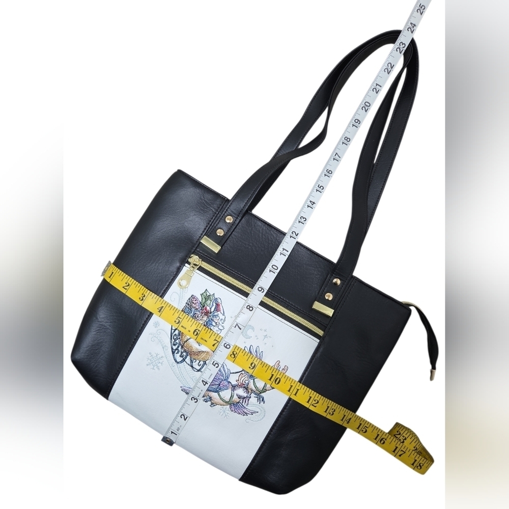 Whimsical Embroidered Christmase Tote Chickadees, Clogs & Sleigh Faux Leather - Picture 15 of 16